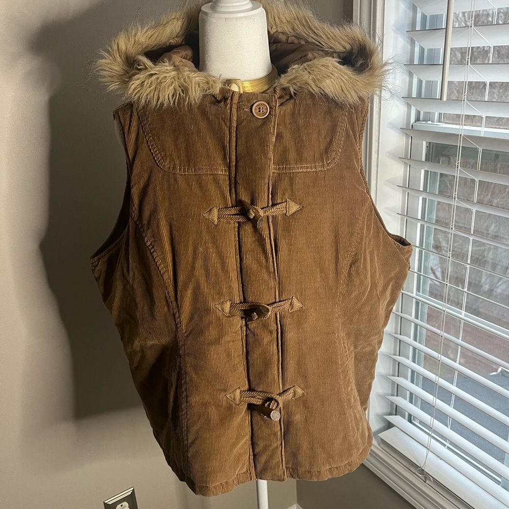 Twenty Twenty Corduroy Hooded Vest with faux fur trim